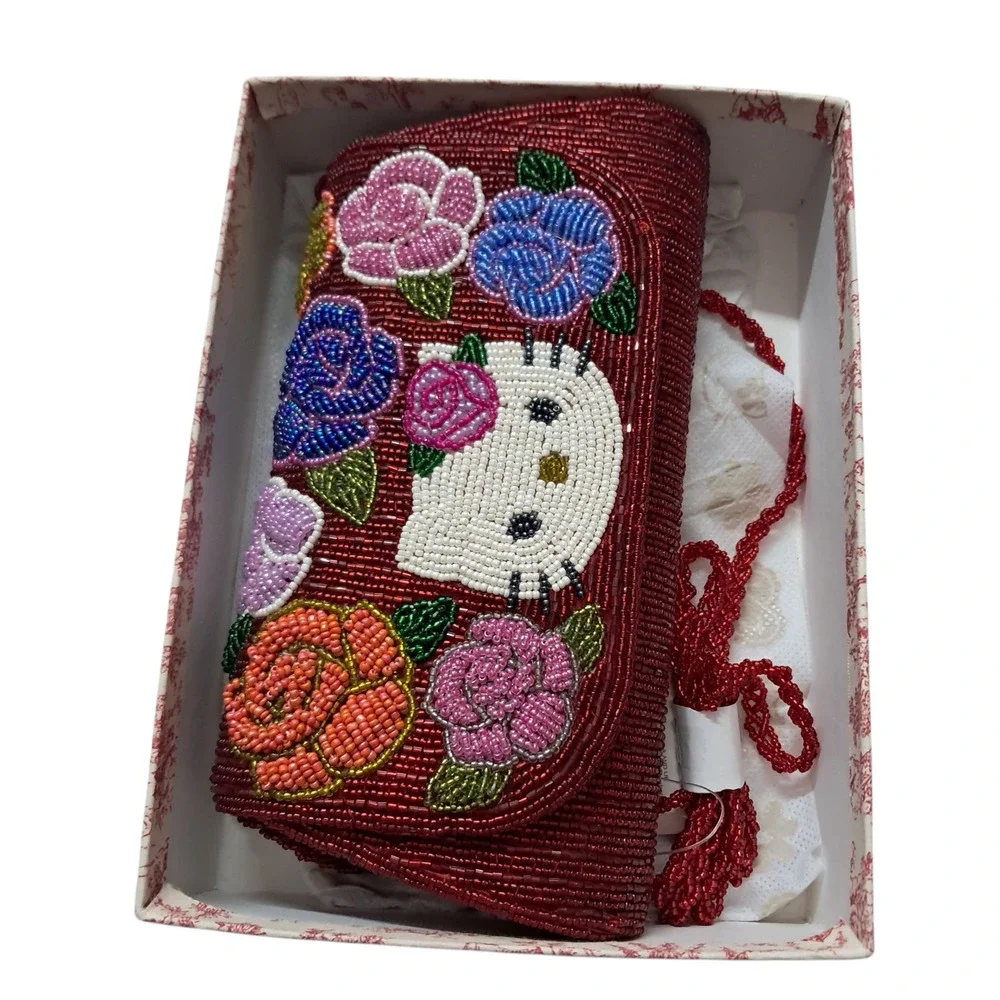 NWT‎ Hello Kitty Handbag Red Beaded Floral Embroidered Rare Limited Edition